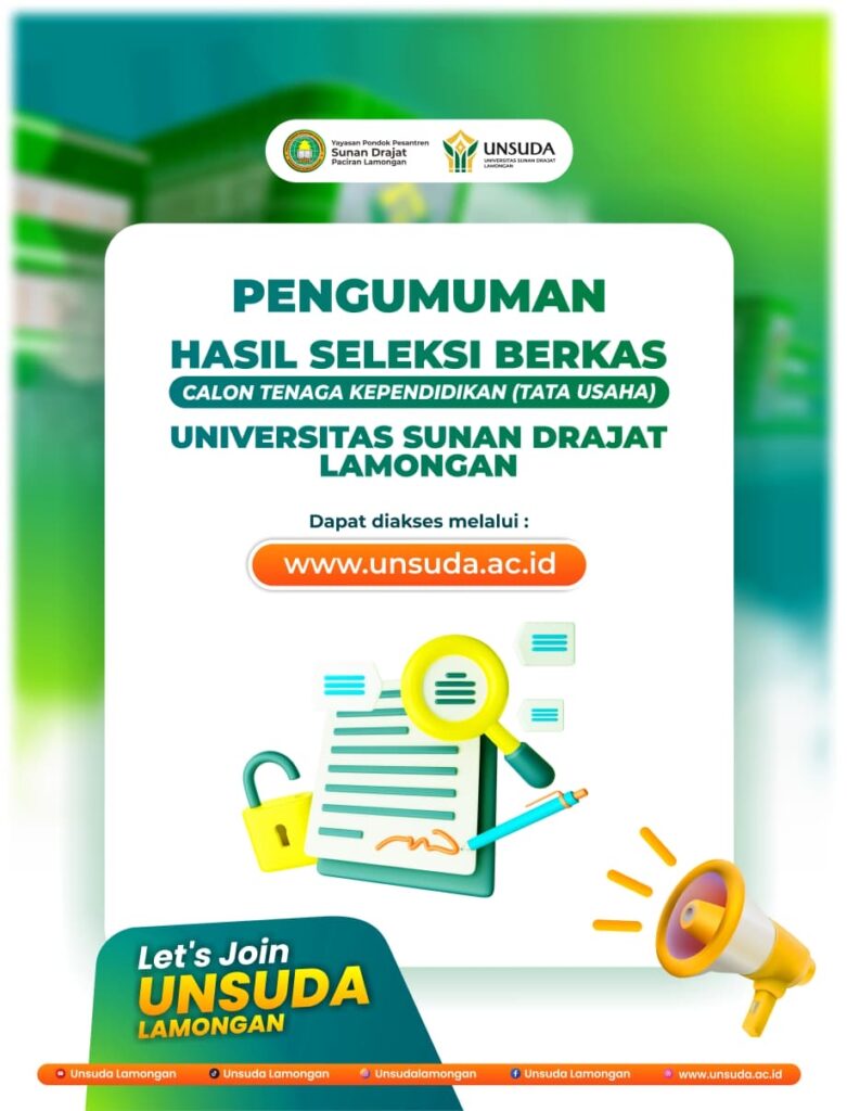 PENGUMUMAN HASIL SELEKSI BERKAS ADMINISTRASI TENAGA KEPENDIDIKAN DI LINGKUNGAN UNIVERSITAS SUNAN DRAJAT LAMONGAN TAHUN 2026